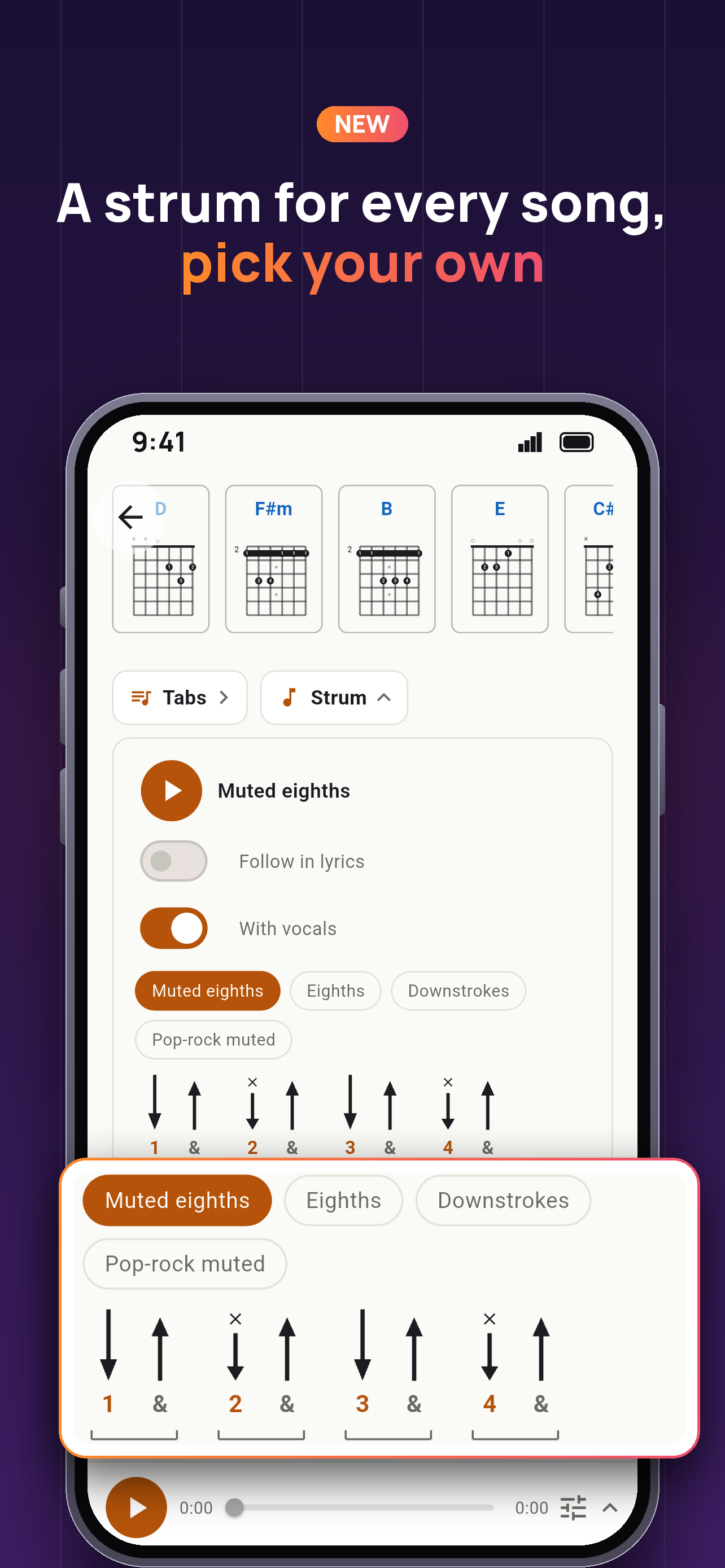 Play along with a strumming pattern