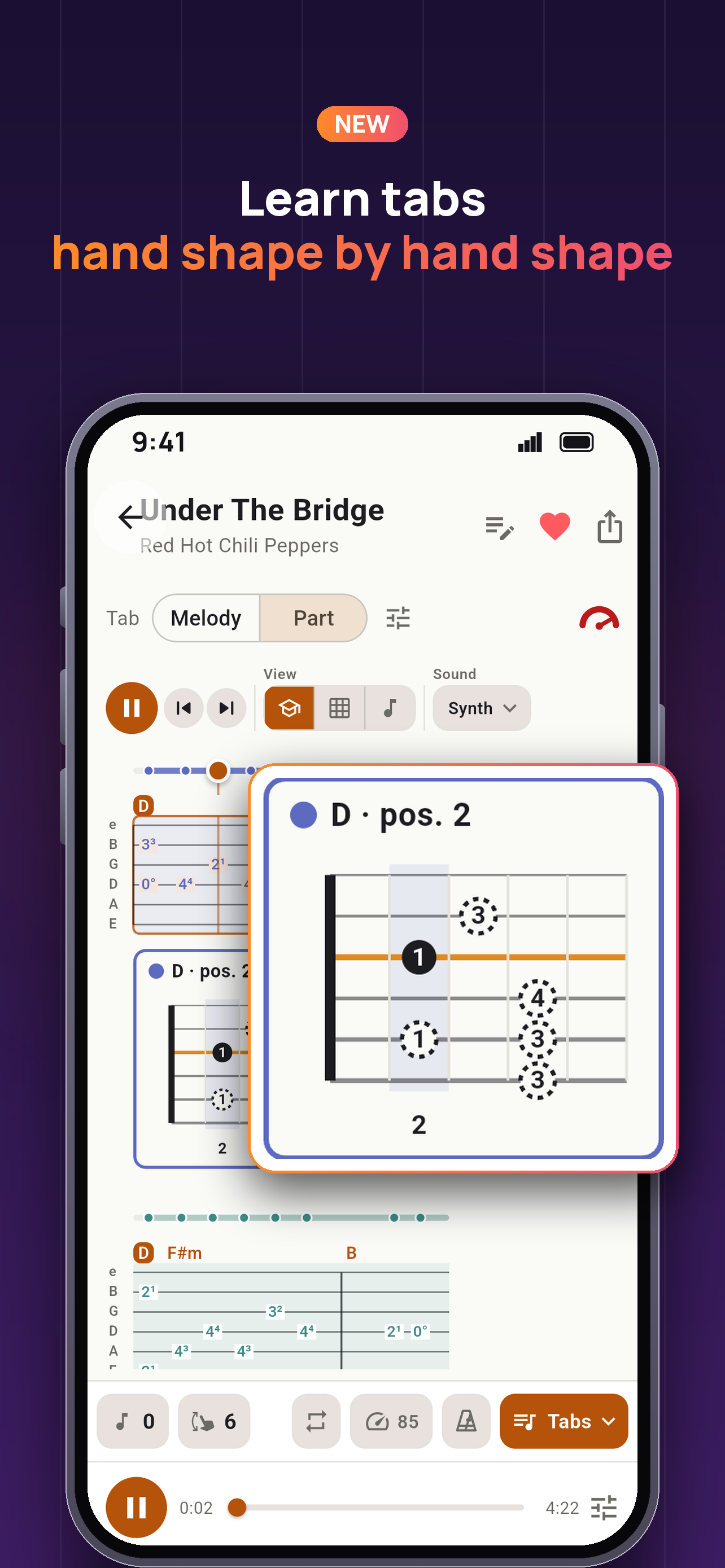 Learn guitar tabs with fingering diagrams